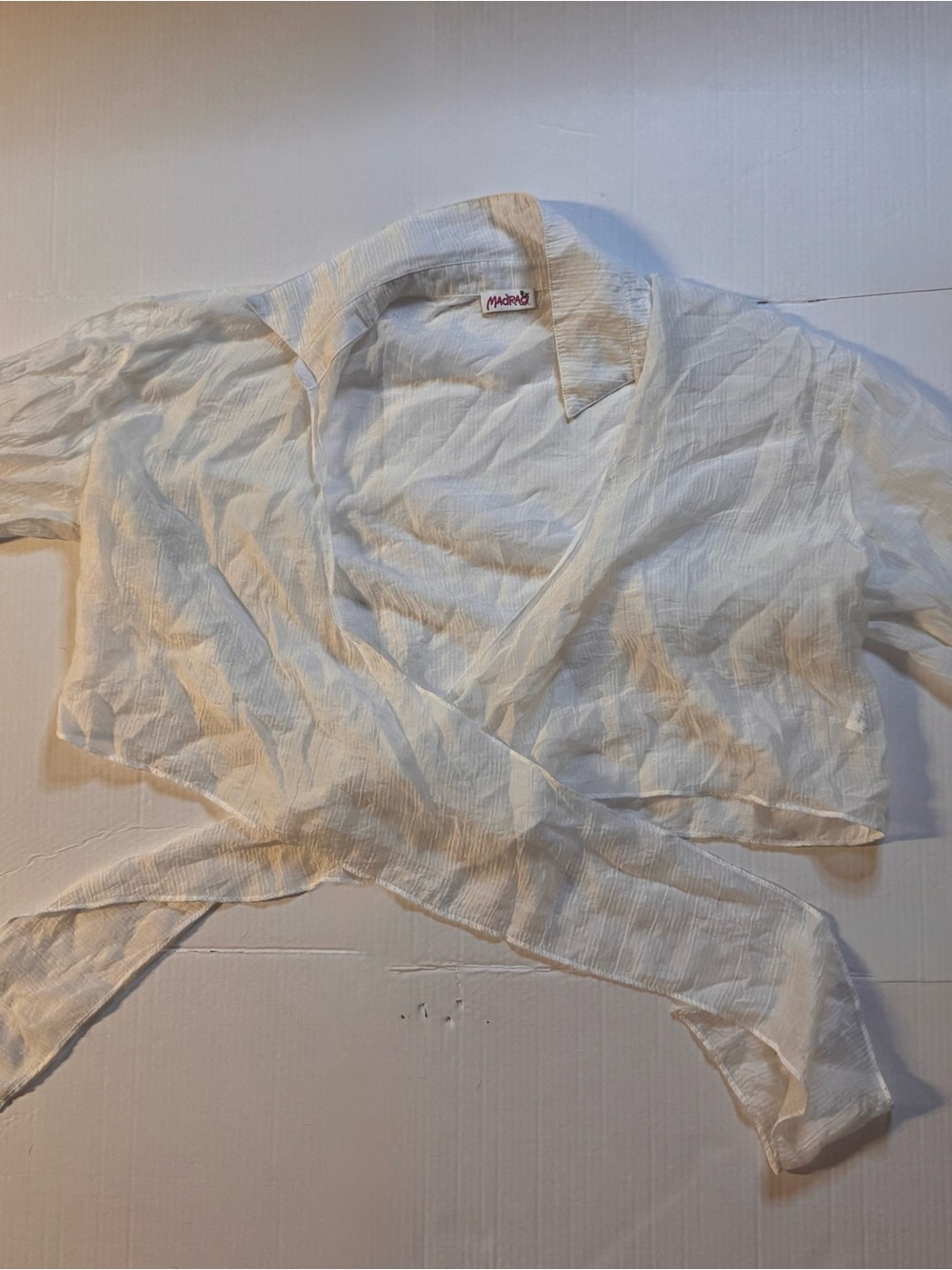 Madras Ivory Wrap-Style Crop Blouse